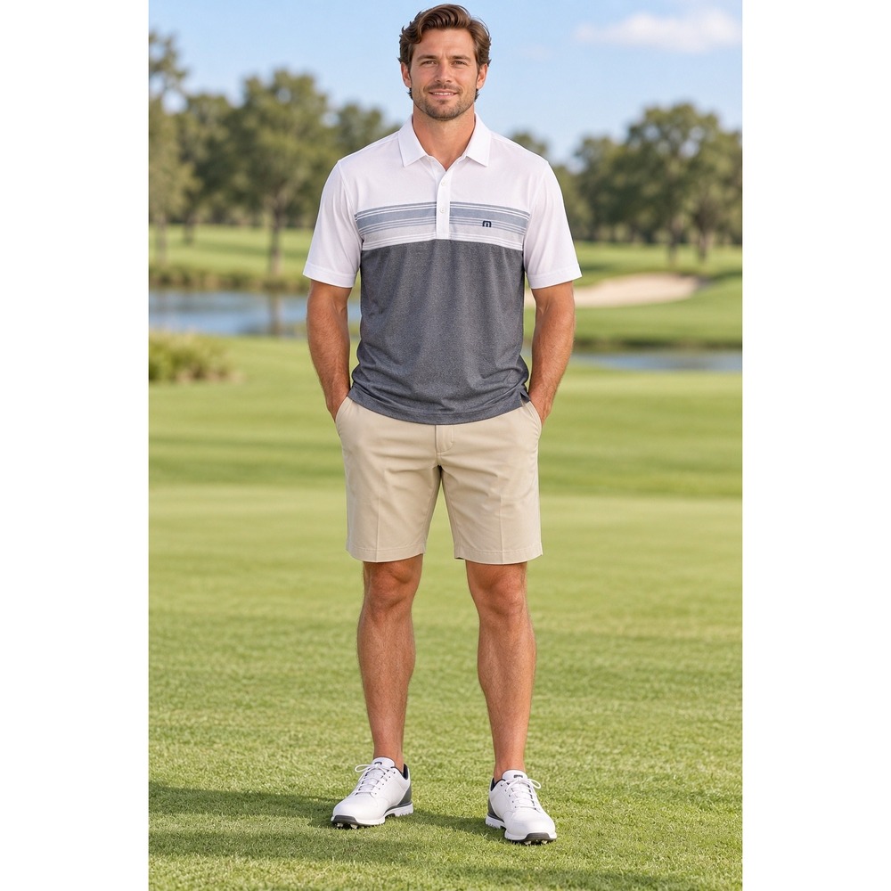 TravisMathew Mens Large Colorblock Stripe Golf Polo Shirt White Grey L